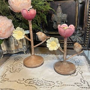Metal pink tulip flower bird candle holder toleware French Country cottage decor